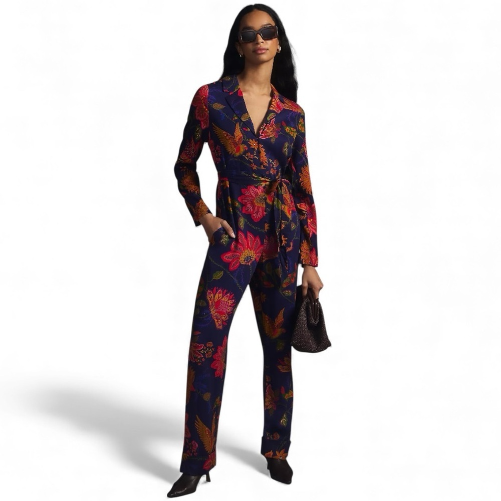 FARM Rio x Anthropologie Long Sleeve Floral Jumpsuit Medium NWT Pockets Belted